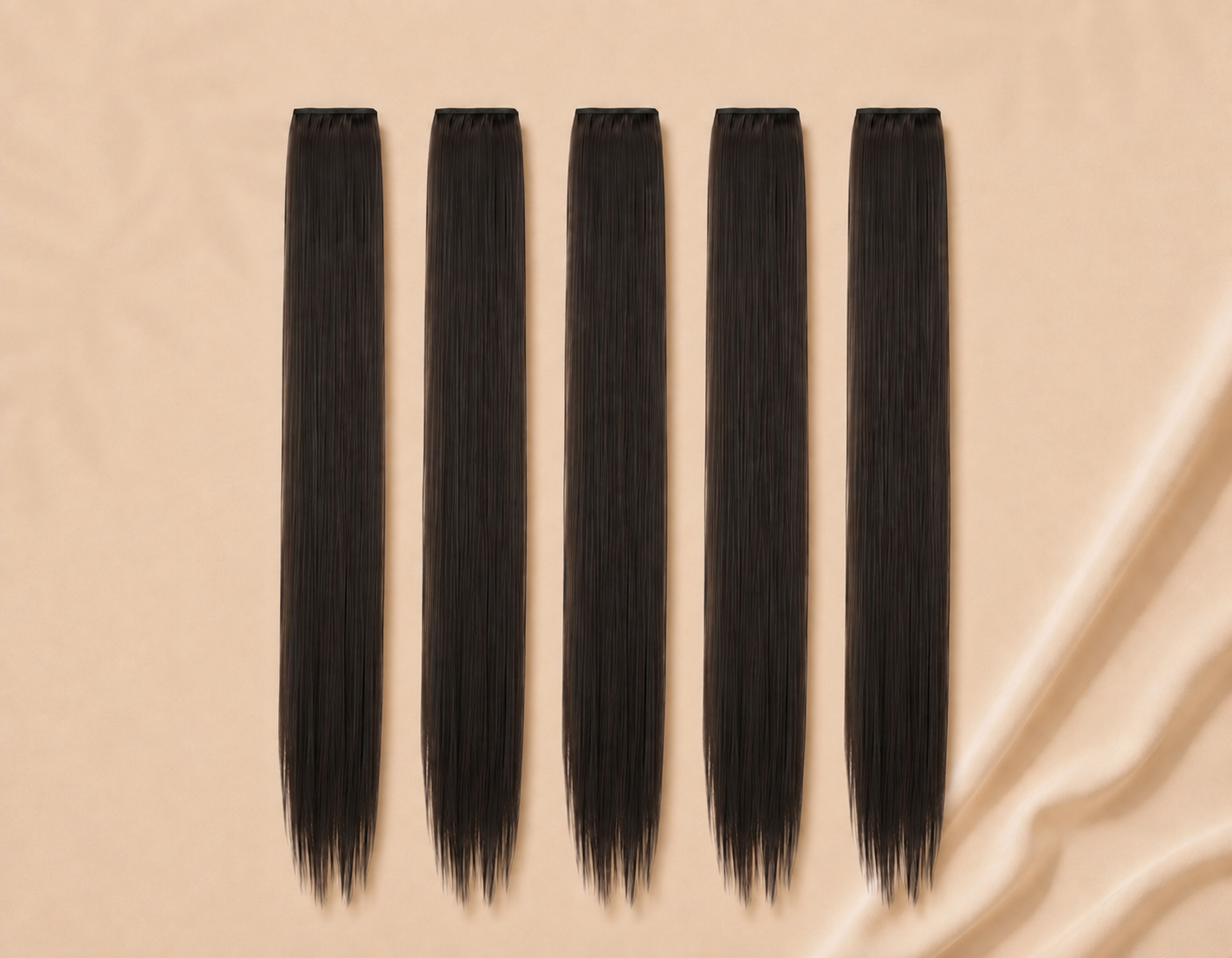 Set of 5 single clip-in hair extension strands in dark brown, laid side by side